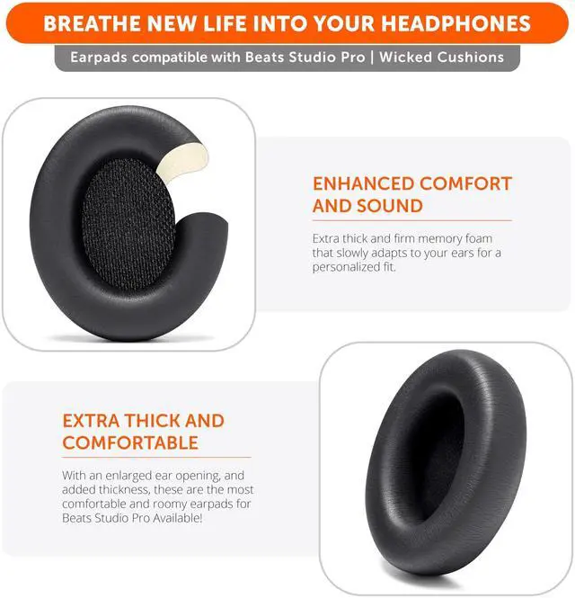 Alt view image 5 of 5 - WC PadZ Studio Pro - Extra Thick Earpads for Beats Studio PRO Made by Wicked Cushions ^^ Upgraded PU Leather, Larger Ear Opening, Enhanced Foam ^^ Black