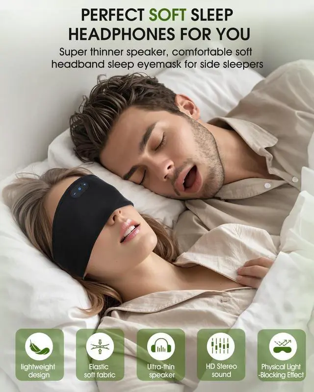 Alt view image 2 of 5 - Bluetooth Sleep Headphones Sleep Mask Sleep Headphones,Ultra-Soft Wireless Headband Bluetooth for Side Sleepers, with 14H Playtime & Bluetooth 5.4, 4-in-1 Music Sleep Earphones (Black&Grey)