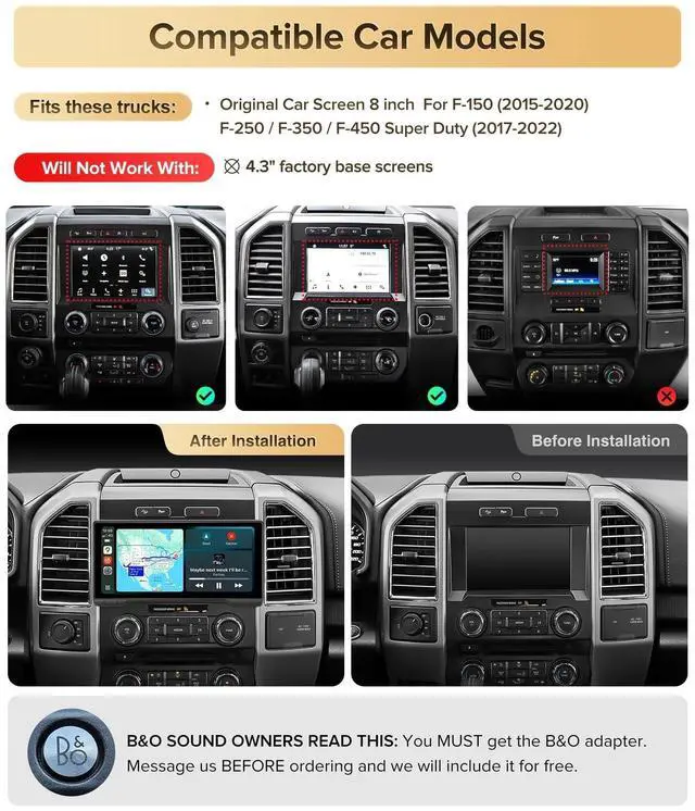 Alt view image 2 of 5 - ApexNav 10.33" QLED Radio Upgrade for Ford F150 15-20 & F250 F350 17-22 (8" OEM Screen), Wireless CarPlay Android Auto Stereo w/ 4G+64G, BT 5.4, B&O Supported