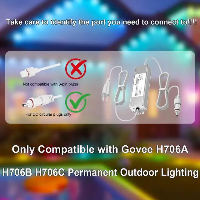 Alt view image 2 of 5 - 36V 3A Waterproof Power Supply for Govee Permanent Outdoor Lights,Compatible with Govee H706A H706B H706C Permanent Outdoor Lights Power Adapter Cord(Black)