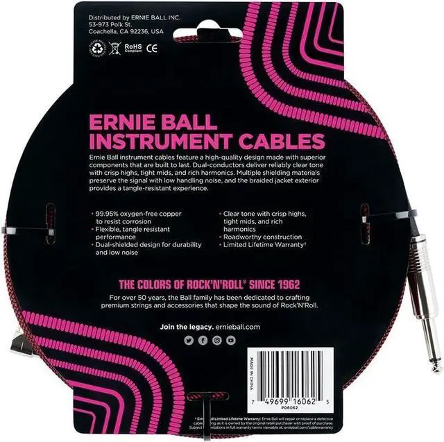 Alt view image 3 of 4 - Ernie Ball Braided Instrument Cable Set Straight/Angle Length 25ft in Red/Black (P06062) - Pack of 2