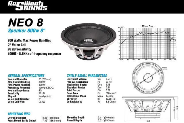 Alt view image 4 of 5 - Resilient Sounds RS NEO 8 400w rms 4ohm 8" Speaker