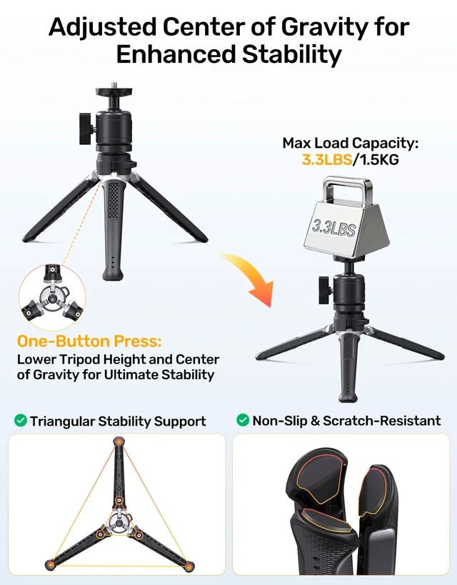 Alt view image 2 of 5 - Webcam Tripod Stand for Desk, 360 Swivel, 1/4 Thread, with Phone Holder