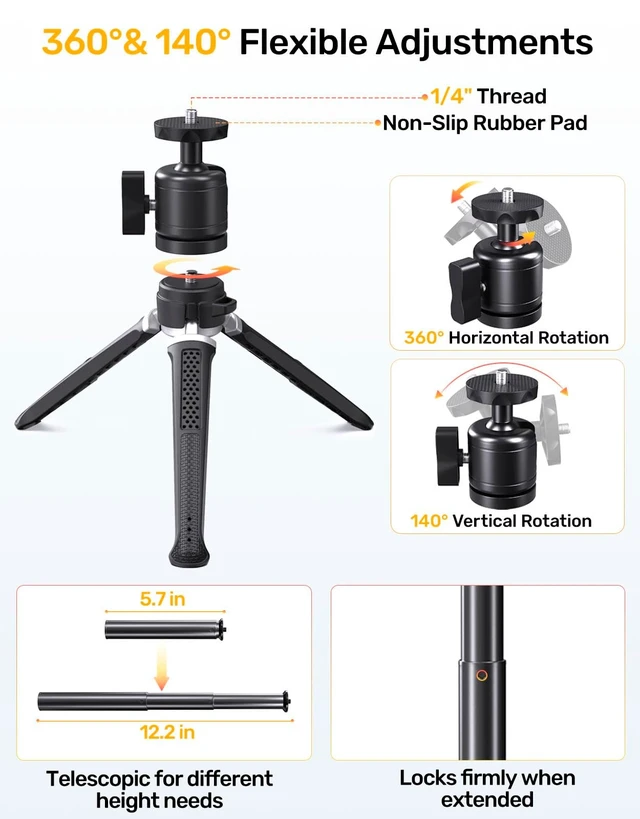 Alt view image 4 of 5 - Webcam Tripod Stand for Desk, 360 Swivel, 1/4 Thread, with Phone Holder