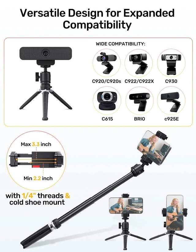 Alt view image 5 of 5 - Webcam Tripod Stand for Desk, 360 Swivel, 1/4 Thread, with Phone Holder