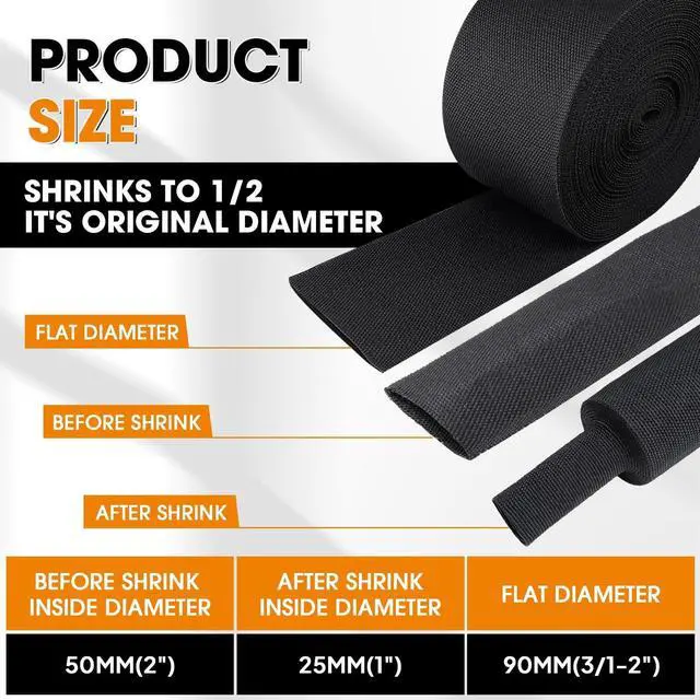 Alt view image 3 of 5 - Black 2:1 Ratio Automotive Heat Shrink Braided Sleeving,Wear-Resistant Flat Woven Shrinkable Sleeve Fabric Car Cable Wires Hoses Protection (2''-8ft)