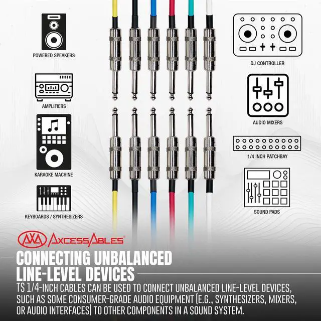 Alt view image 2 of 5 - AxcessAbles Audio 1/4-Inch TS Patch Guitar& Bass Amp Cables - Metal Connectors, OFC Copper Wire ^^ TS 1/4" Mono Guitar Cables^^ Male to Male 3ft Multicolor Instrument Patch Cords (3ft - 6 Pack)