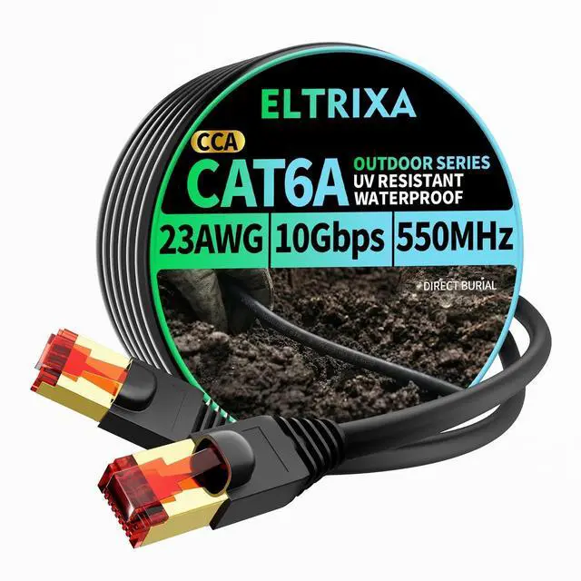 Main image of ELTRIXA Cat6A Ethernet Cable 250FT, Outdoor Direct Burial 23AWG High Speed Up to 10Gbps, LLDPE UV-Resistant Waterproof Jacket, CCA RJ45 Network Internet Cable - Black