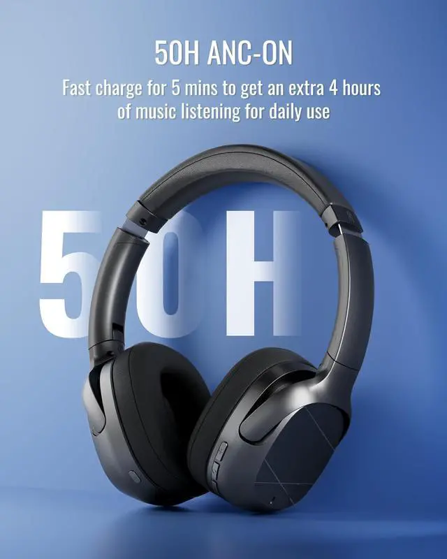 Alt view image 4 of 5 - ANCAMITA Hybrid Active Noise Cancelling Headphones, Wireless Over Ear Bluetooth, 50H Long ANC Playtime, Rotatable and Foldable, HiFi Audio Deep Bass, Customized EQ via APP, Transparency Mode (B