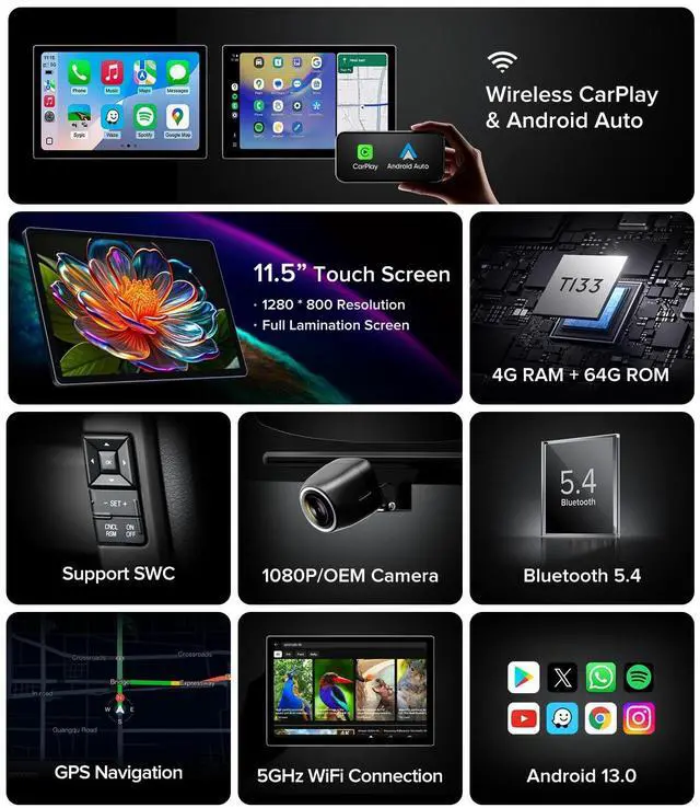 Alt view image 3 of 5 - 11.5''Car Radio for Honda Accord 7th Stereo 2003-2007 with Wireless CarPlay & Android Auto/Android 13 /5G WiFi/TouchScreen/FM/AM/4GB RAM + 64GB ROM