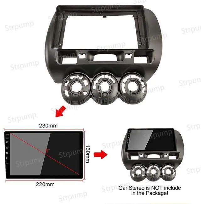 Alt view image 3 of 5 - 9'' Car Radio Stereo Dash Frame Fascia Bezel Panel with Power Harness Compatible for Honda Fit Jazz 2004 05 06 07 RHD Install Mount Kit