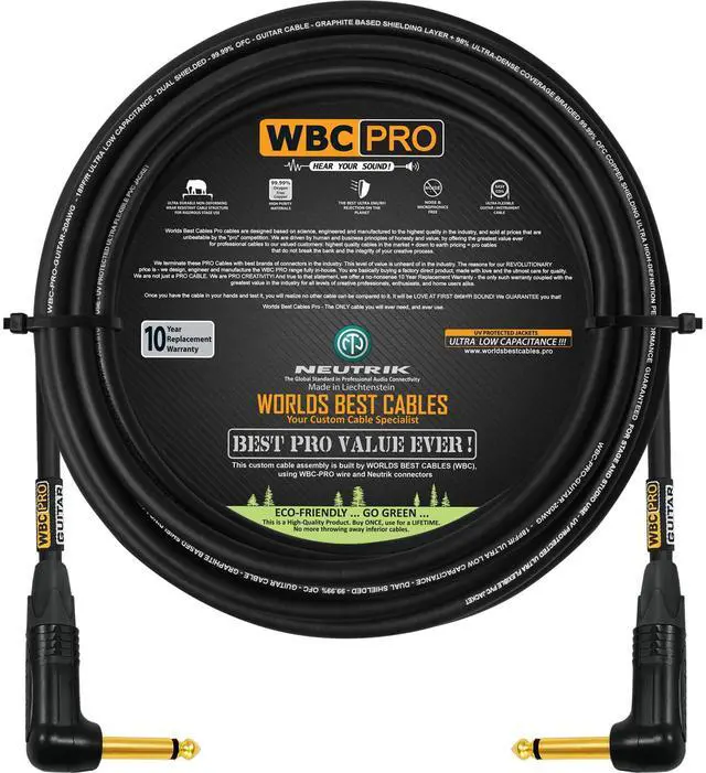 Main image of 25 Foot - WBC-PRO-Guitar 20 AWG - Low-Cap (18pF/ft) Pro-Grade Graphite-Based - Dual-Shielded Guitar, Bass, Instrument Cable with Neutrik Angled to Angled Inch (6.35mm) Gold TS Connectors