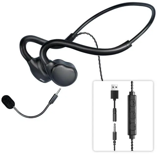 Main image of QOEKUEY Open Ear Headphones with Microphone Detachable, Crystal Cable, 3.5mm + USB Wired Audio Control- Black