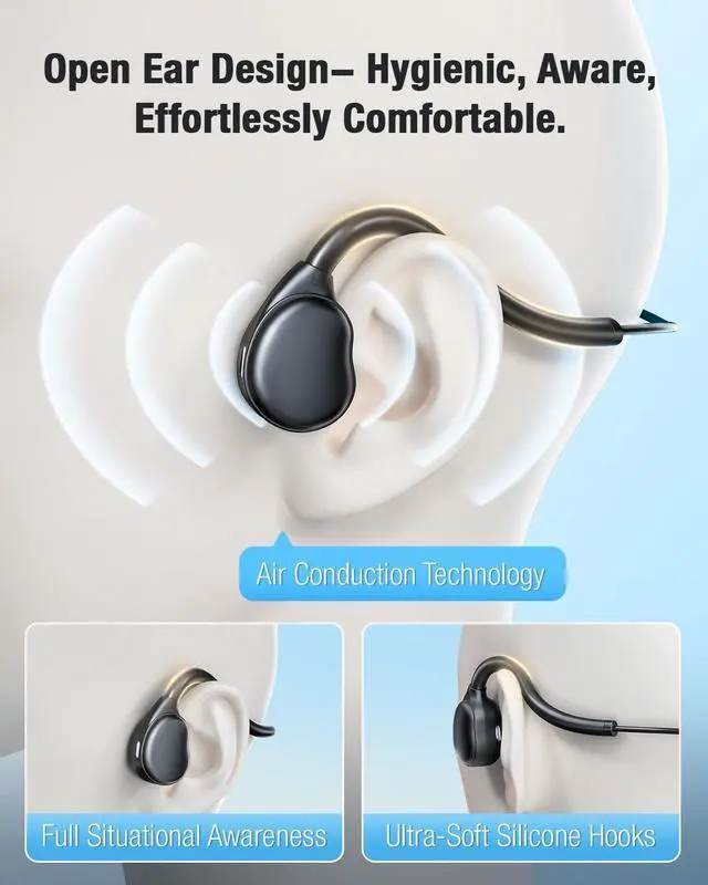 Alt view image 2 of 5 - QOEKUEY Open Ear Headphones with Microphone Detachable, Crystal Cable, 3.5mm + USB Wired Audio Control- Black
