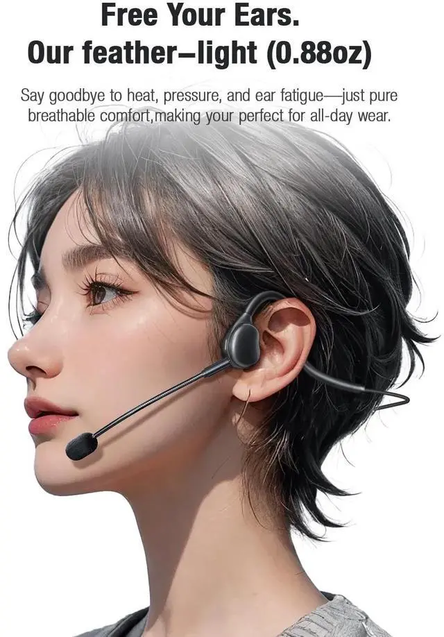 Alt view image 3 of 5 - QOEKUEY Open Ear Headphones with Microphone Detachable, Crystal Cable, 3.5mm + USB Wired Audio Control- Black