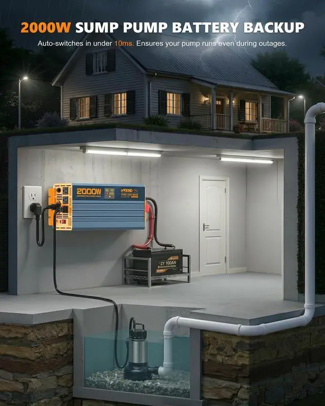 Alt view image 2 of 5 - MWXNE 2000W Sump Pump Battery Backup System, Automatic Switchover to Battery Inverter Power, Pure Sine Wave Output, Professional Backup System in Case of Power Failure