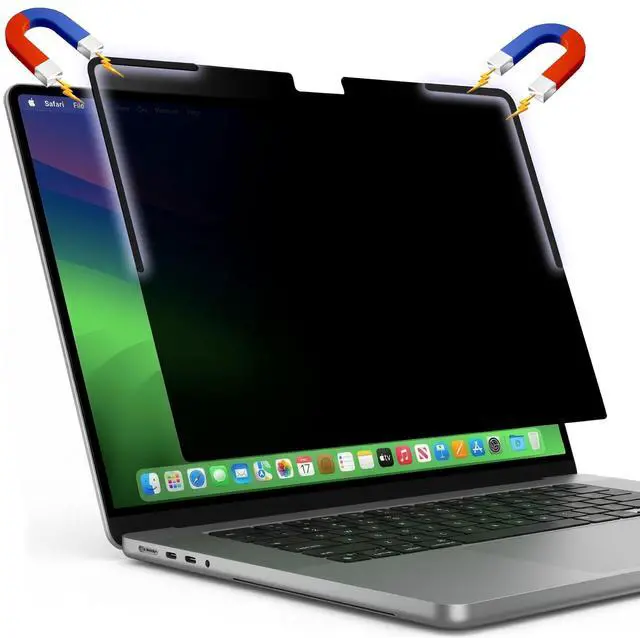 Main image of Afterplug Removable Magnetic Privacy Screen Filter for MacBook Pro 14.2 Inch (M1-M5, Pro, Max, 2021-2026), L-Shaped Strips for Secure Attachment, Anti-Glare & Blue Light Blocking