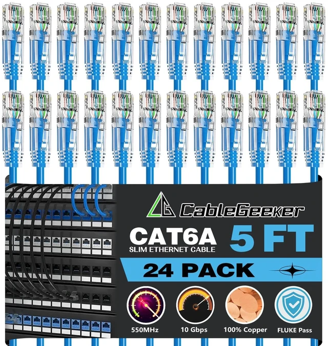 Main image of CableGeeker Cat 6A Slim Ethernet Patch Cables, 5 ft, 24-Pack, Blue
