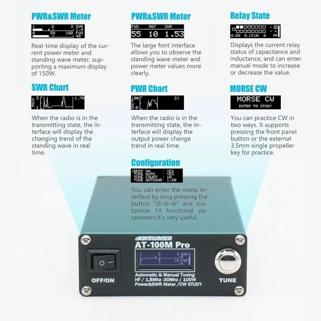 Alt view image 3 of 5 - AT100M Pro Antenna Tuner 1.8Mhz-30Mhz Automatic Manual Tuning Device 100W Power Meter SWR Meter Morse Code