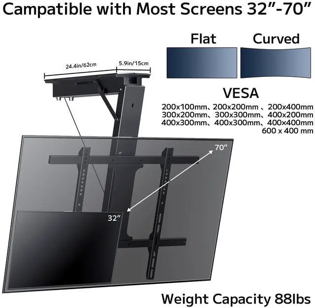 Alt view image 2 of 5 - Yegosh Electric Ceiling TV Mount, Remote Adjustable Flip Down Bracket for 32 to 70 Inch Flat Curved Screen TVs Max VESA 600x400mm, Motorized TV Ceiling Mount for Flat Pitched Roof Indoor Outdoor