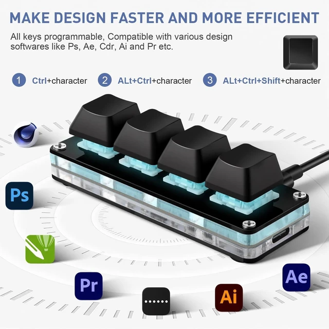 Alt view image 5 of 5 - Mini 4-Key Programmable Keyboard with Hotswappable Mechanical Switches