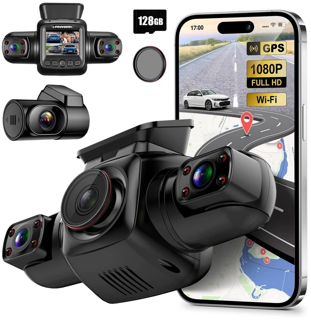 Main image of PRUVEEO 360 Degree View 4 Channel Dash Cam Front and Rear Inside Left Right, Dash Camera for Cars with CPL, Built-in GPS WiFi Night Vision, 24/7 Recording Parking Mode Monitor, Free 128G Card