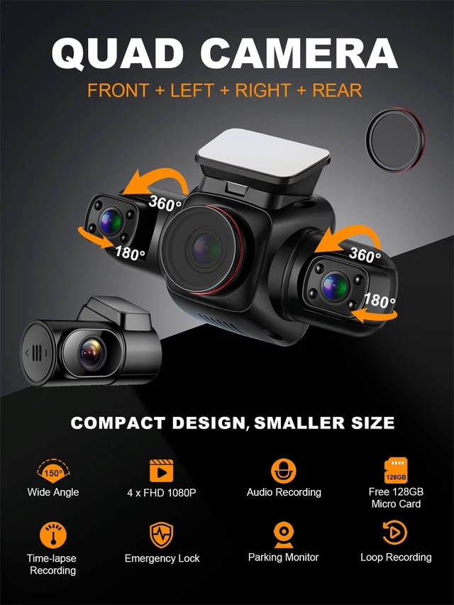 Alt view image 2 of 5 - PRUVEEO 360 Degree View 4 Channel Dash Cam Front and Rear Inside Left Right, Dash Camera for Cars with CPL, Built-in GPS WiFi Night Vision, 24/7 Recording Parking Mode Monitor, Free 128G Card