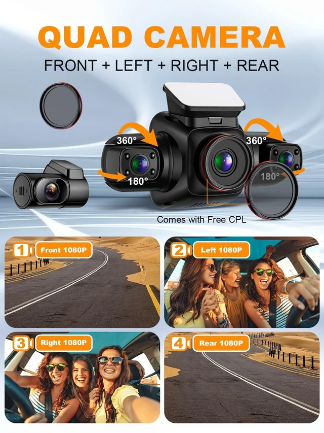 Alt view image 3 of 5 - PRUVEEO 360 Degree View 4 Channel Dash Cam Front and Rear Inside Left Right, Dash Camera for Cars with CPL, Built-in GPS WiFi Night Vision, 24/7 Recording Parking Mode Monitor, Free 128G Card