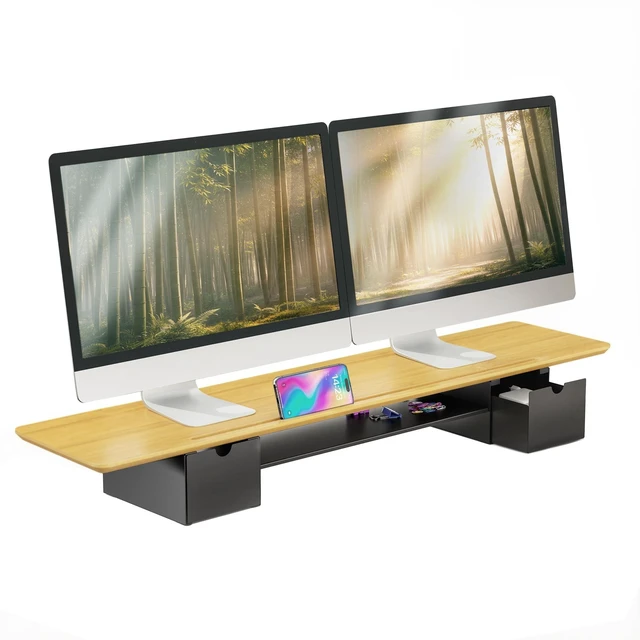 Main image of Mount-It! Extra Wide 39" Real Solid Bamboo Dual Monitor Stand Riser, 2 Metal Drawers + Shelf, 66 lbs, Built-In Device Slot, Home Office Desk Organizer