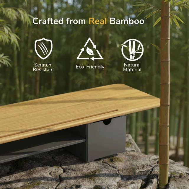 Alt view image 2 of 5 - Mount-It! Extra Wide 39" Real Solid Bamboo Dual Monitor Stand Riser, 2 Metal Drawers + Shelf, 66 lbs, Built-In Device Slot, Home Office Desk Organizer
