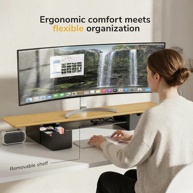 Alt view image 3 of 5 - Mount-It! Extra Wide 39" Real Solid Bamboo Dual Monitor Stand Riser, 2 Metal Drawers + Shelf, 66 lbs, Built-In Device Slot, Home Office Desk Organizer