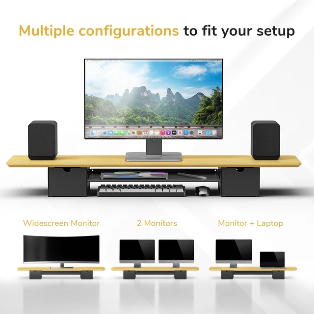 Alt view image 4 of 5 - Mount-It! Extra Wide 39" Real Solid Bamboo Dual Monitor Stand Riser, 2 Metal Drawers + Shelf, 66 lbs, Built-In Device Slot, Home Office Desk Organizer
