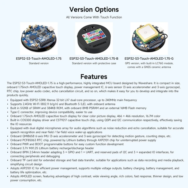 Alt view image 4 of 5 - Waveshare ESP32-S3 1.75inch AMOLED Round Touch Display Development Board, 32-bit LX7 Dual-core, 466466, QSPI, Dual Digital Microphones Array, ESP32 with Display, with Case