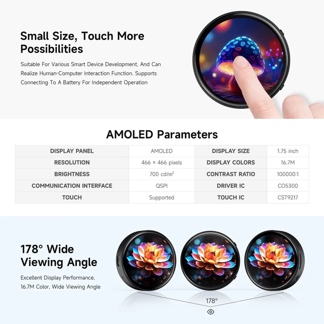 Alt view image 5 of 5 - Waveshare ESP32-S3 1.75inch AMOLED Round Touch Display Development Board, 32-bit LX7 Dual-core, 466466, QSPI, Dual Digital Microphones Array, ESP32 with Display, with Case