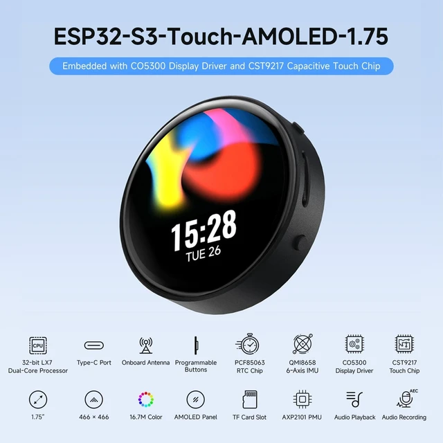 Alt view image 3 of 5 - Waveshare ESP32-S3 1.75inch AMOLED Round Touch Display Development Board, 32-bit LX7 Dual-core, 466466, QSPI, Dual Digital Microphones Array, ESP32 with Display, with Case