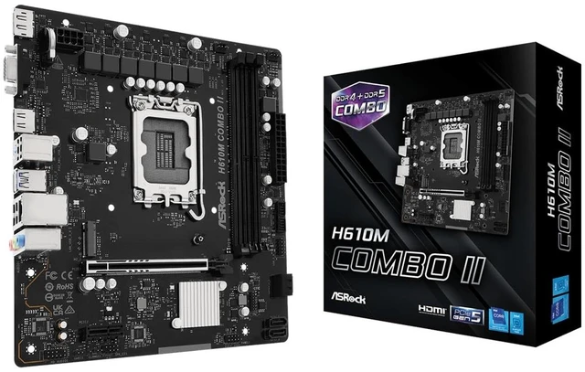 Main image of ASRock H610M Combo II Micro-ATX Motherboard, Supports Intel 14th/13th/12th Gen Core Processors (LGA1700), Combo Slot Design (DDR5 & DDR4), PCIe 5.0, Ultra M.2, Triple Display