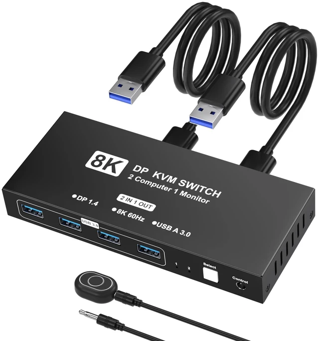 Main image of 8K@60Hz DisplayPort KVM Switch 1 Monitors 2 Computers, USB KVM Switches with 4 USB 3.0 Ports Sharing Keyboard Mouse Printer, Display Port Switch 2 in 1 Out, Monitors Switcher for 2 Computers