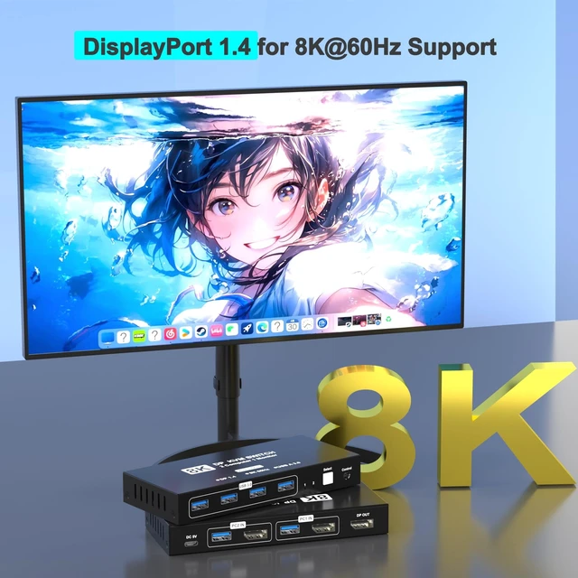 Alt view image 4 of 5 - 8K@60Hz DisplayPort KVM Switch 1 Monitors 2 Computers, USB KVM Switches with 4 USB 3.0 Ports Sharing Keyboard Mouse Printer, Display Port Switch 2 in 1 Out, Monitors Switcher for 2 Computers