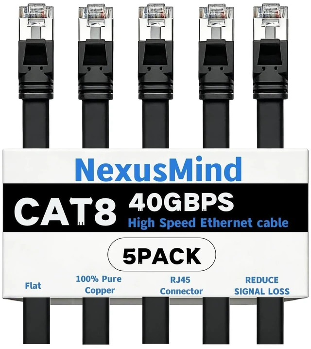 Main image of NexusMind Cat 8 Ethernet Cable 10 ft 5Pack, 40Gbps High Speed, 2000MHz Bandwidth, Low Signal Loss, Stable Connection for Router, Gaming Console, Modem, PC (10ft,5pack,Black)