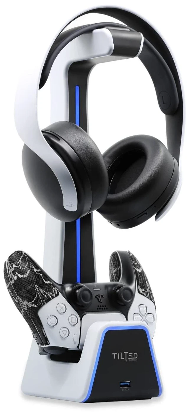 Main image of Tilted Nation Gaming Headset and Controller Stand ^^ Premium PS5 Accessories (Clean Space with Charging Station) Headphone and Controller Holder for Desk, PlayStation 5, Xbox Game,
