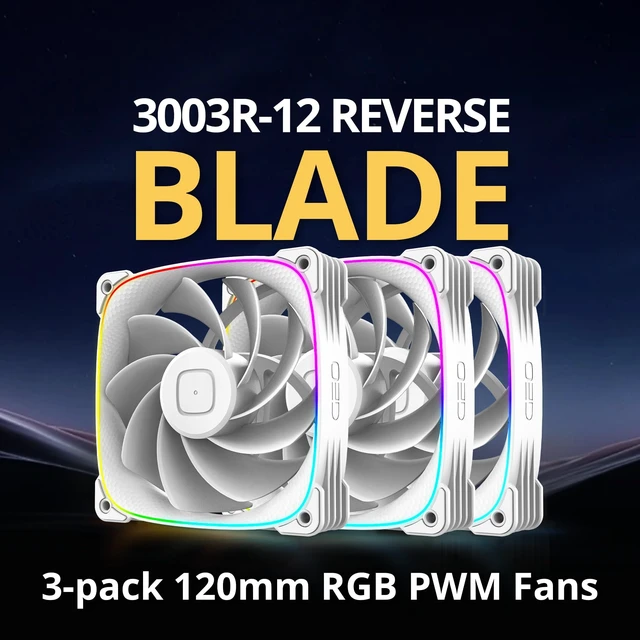 Alt view image 2 of 5 - Geometric Future Squama 3003R-12 Reverse Blade RGB PWM Fan - 120mm x 30mm High-Performance PC Case Fans, Double-Sided ARGB Lighting, Hydro Dynamic Bearing - White, 3-Pack, GEO-S3003RW-12T