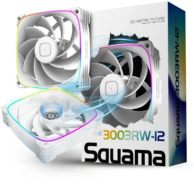 Main image of Geometric Future Squama 3003R-12 Reverse Blade RGB PWM Fan - 120mm x 30mm High-Performance PC Case Fans, Double-Sided ARGB Lighting, Hydro Dynamic Bearing - White, 3-Pack, GEO-S3003RW-12T