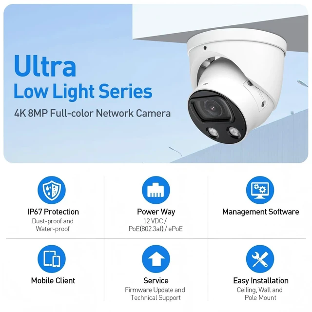 Alt view image 3 of 5 - GemaVision Full-Color Monitoring 4K 8MP 1/1.2" CMOS Fixed-Focal Warm LED Built-in MIC Turret IP POE Camera,Support IVS (Perimeter Protection) and Face Detection, IPC-Color4K-T-S2 (White-2.8mm)