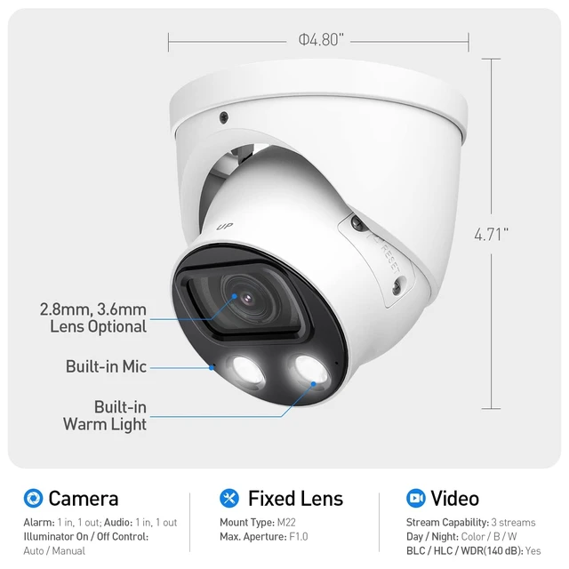 Alt view image 4 of 5 - GemaVision Full-Color Monitoring 4K 8MP 1/1.2" CMOS Fixed-Focal Warm LED Built-in MIC Turret IP POE Camera,Support IVS (Perimeter Protection) and Face Detection, IPC-Color4K-T-S2 (White-2.8mm)