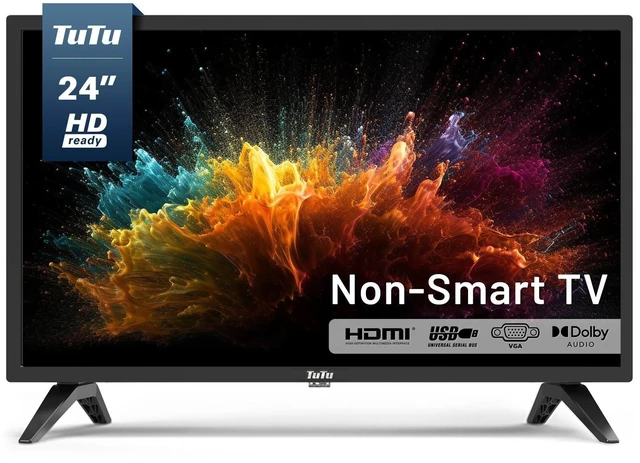 Main image of TuTu 24 Inch HD TV, 2K LED Small Flat Screen Non-Smart Television, Works with Apple TV, Fire Stick, Roku, Google, TiVo, Xumo, and Streaming Devices