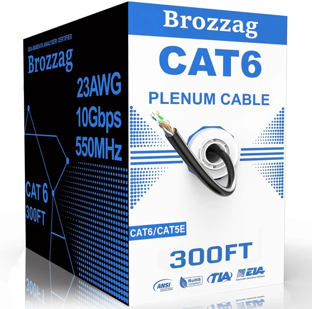 Main image of Cat6 Plenum Cable 300ft ^^ 23AWG, 550MHz, 10Gbps UTP Ethernet ^^ CMR-Rated Fire-Resistant Jacket ^^ DSX-8000 Certified ^^ Tangle-Free Easy-Pull Spool ^^ Bulk LAN Internet Wire for Home/Workshop/Yard,