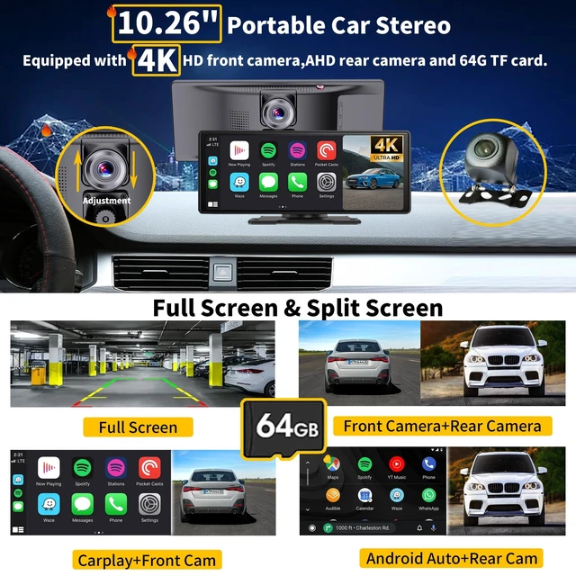 Alt view image 3 of 5 - SCUMAXCON 10.26" Portable Wireless Carplay Android Auto 4K Dash Cam AirPlay Android Cast 1080P Backup Camera IPS Screen Loop Recording Bluetooth Navigation FM AUX Built in Speaker Car Stereo