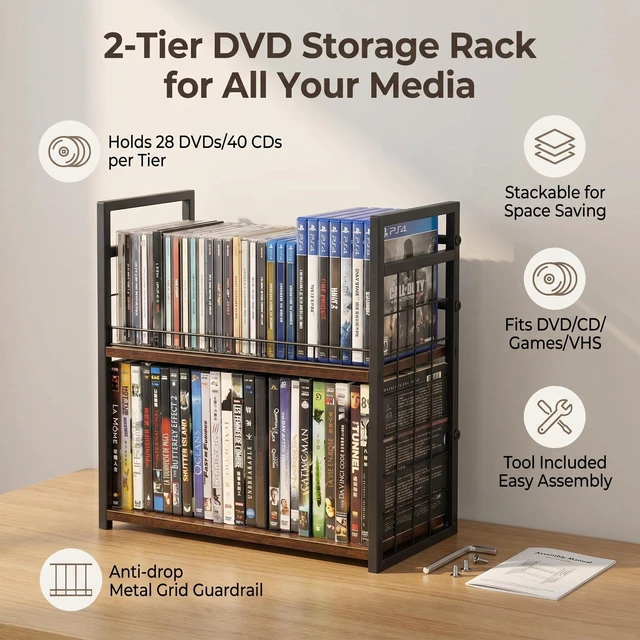 Alt view image 2 of 5 - PUTNATRUE 2-Tier DVD Storage Rack & CD Display Shelf, Holds 56 DVD Cases, Stackable Metal Media Organizer Tower for Video Games, Blu Ray, VHS Tapes