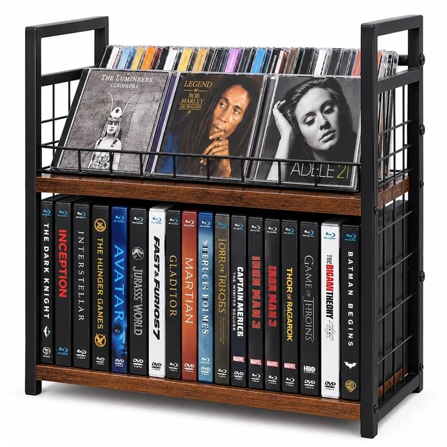 Main image of PUTNATRUE 2-Tier DVD Storage Rack & CD Display Shelf, Holds 56 DVD Cases, Stackable Metal Media Organizer Tower for Video Games, Blu Ray, VHS Tapes