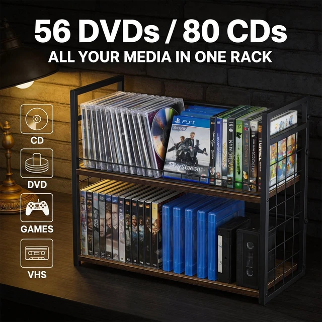 Alt view image 5 of 5 - PUTNATRUE 2-Tier DVD Storage Rack & CD Display Shelf, Holds 56 DVD Cases, Stackable Metal Media Organizer Tower for Video Games, Blu Ray, VHS Tapes